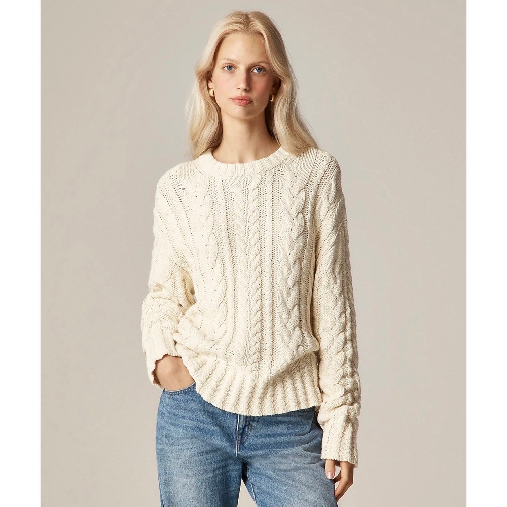 J.Crew Womens Cable Knit Crewneck Sweater Ivory Cream Chunky Knit Size M